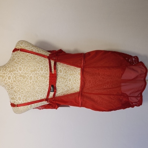 iCollection Women's Red Lace Mesh Adjustable Strap Hook Eye Lingerie Chemise 1X - Picture 8 of 14